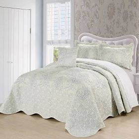 King size Antique White Damask Embroidered 4 Piece Oversized Bedspread Set
