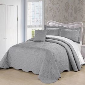King size Ash Grey Damask Embroidered 4 Piece Oversized Bedspread Set