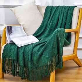 SOGA Green Diamond Pattern Knitted Throw Blanket with Tassels – Soft and Cozy Decorative Blanket for Bed, Sofa, Living Room, or Couch