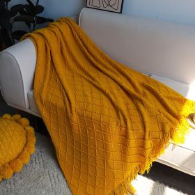 SOGA Yellow Diamond Pattern Knitted Throw Blanket with Tassels – Soft and Cozy Decorative Blanket for Bed, Sofa, Living Room, or Couch