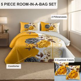 5 Piece Soft All-Season Washed Microfiber And Viscose Comforter Set ,  With Comforter, Sheet, Pillowcases & Shams, Print, Flowerd, Moisture-Wicking (Color: Yellow Blossom, size: QUEEN)